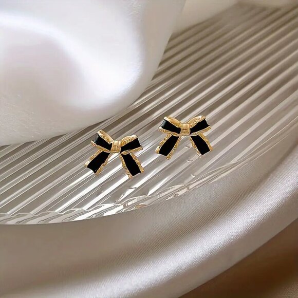 NEW Black coquette bow earrings, black & gold bow jewelry gold bow stud earrings - Picture 2 of 5